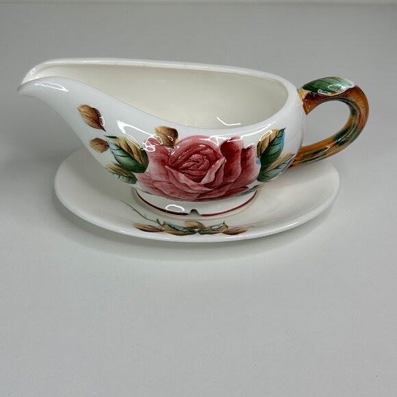 Lefton Americana Rose Pottery Ceramic Gravy Boat With Saucer Rose Floral Design - Picture 1 of 13